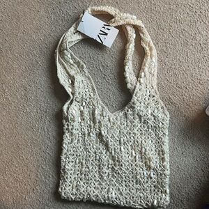 NWT ZARA Macramé Beaded Pearl Tote Bag